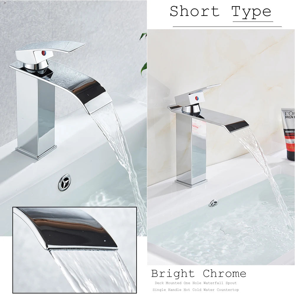 Deck Mounted Bathroom Basin Faucet Waterfall Vanity Sink Hot and Cold Water Mixer