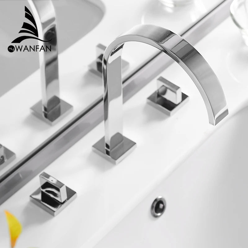 Deck Mounted Square Bathroom Sink Faucets 3 Hole Double Handle Hot And Cold Water Tap