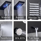 Black/Brushed Stainless Steel 5-function Waterfall Rain Shower Panel with Massage System Tub Spout and Handshower Shower Column