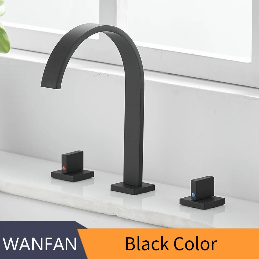 Deck Mounted Square Bathroom Sink Faucets 3 Hole Double Handle Hot And Cold Water Tap