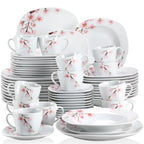 60-Piece White Ceramic Pink Floral Porcelain Plate Set