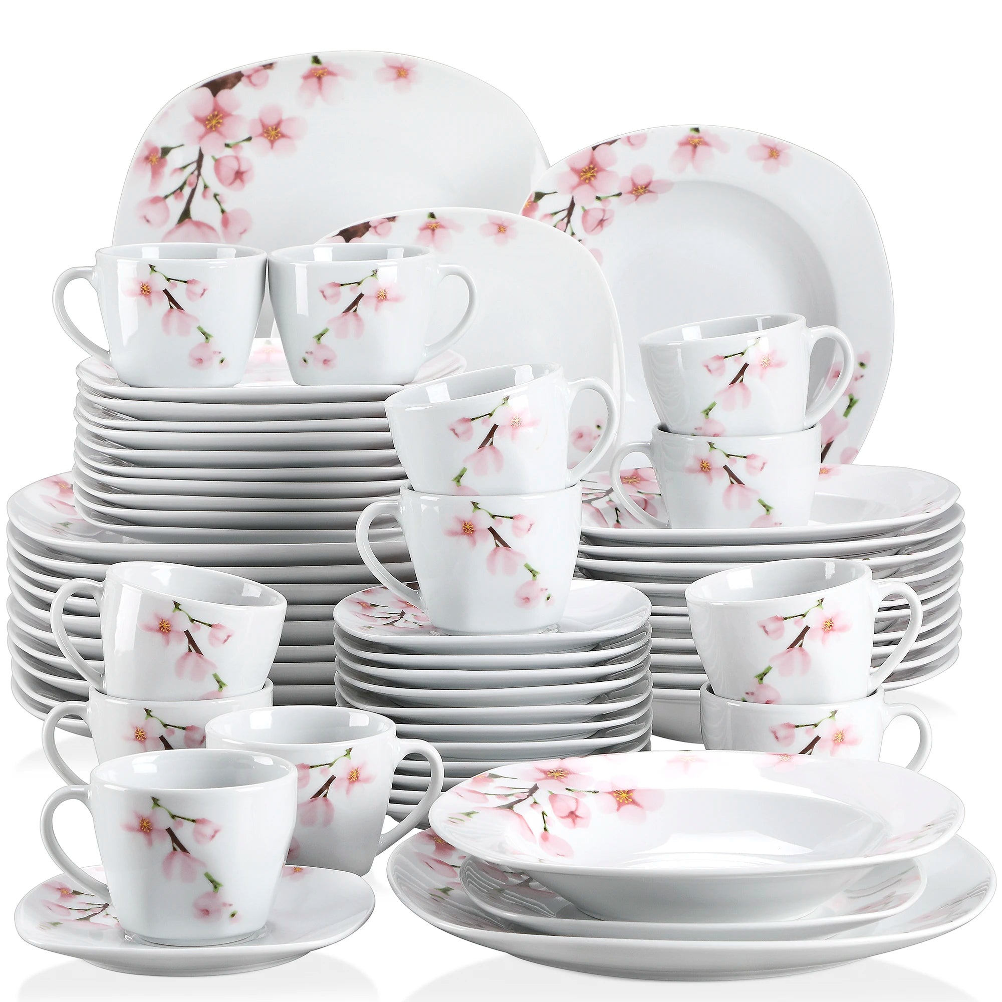 60-Piece White Ceramic Pink Floral Porcelain Plate Set
