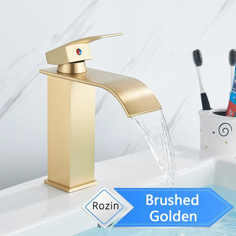 Deck Mounted Bathroom Basin Faucet Waterfall Vanity Sink Hot and Cold Water Mixer