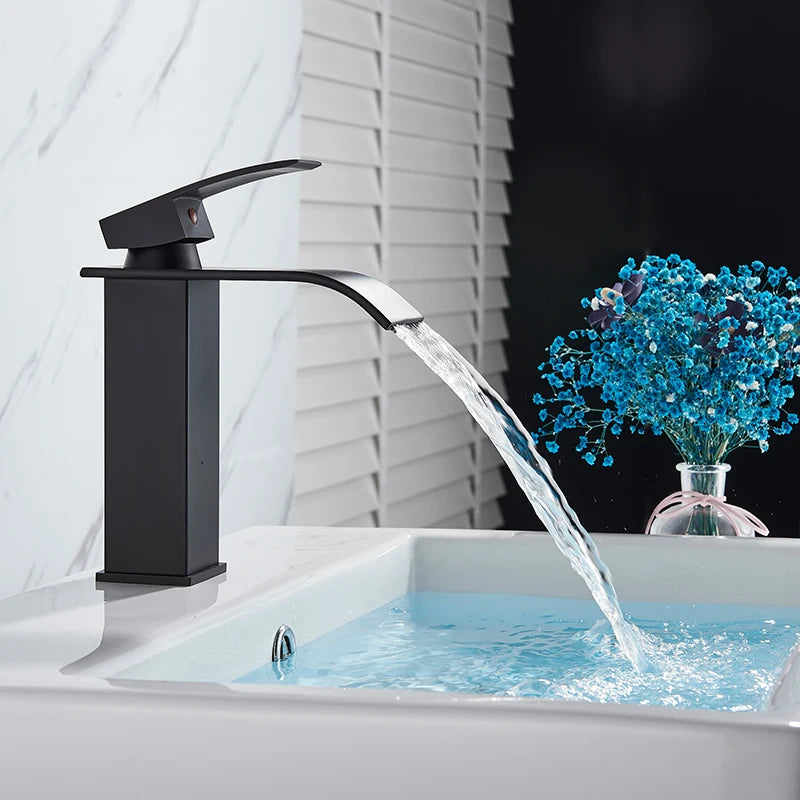Deck Mounted Bathroom Basin Faucet Waterfall Vanity Sink Hot and Cold Water Mixer