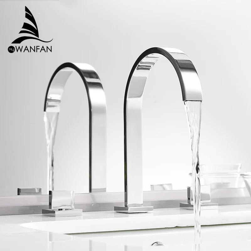 Deck Mounted Square Bathroom Sink Faucets 3 Hole Double Handle Hot And Cold Water Tap