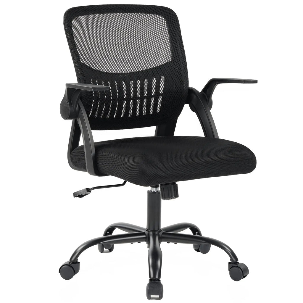 Ergonomic Mid Back Desk with Lumbar Support 360° Swivel Height Adjustable with Flip-up Armrest