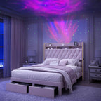 Queen LED Bed Frame with Storage, Star Projector, Charging Station, 2-Tier Headboard, PU Leather Bed