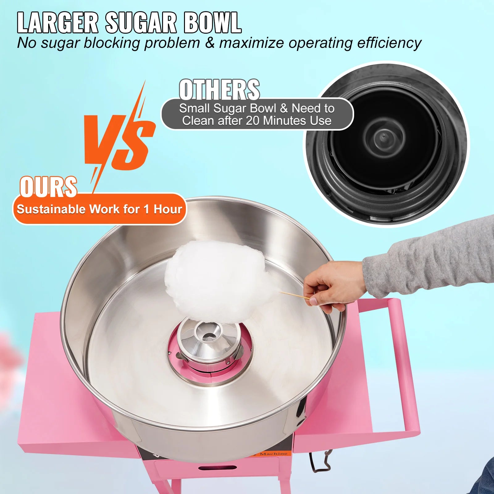 Electric Cotton Candy Machine with Cart 1000W Commercial Floss Maker with Stainless Steel Bowl Sugar Scoop and Drawer
