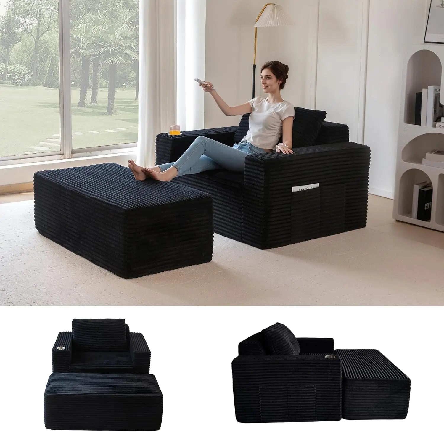 Upholstered Lounge Chair with 3 Pillows, Tufted Boneless Sofa Couch with Ottoman
