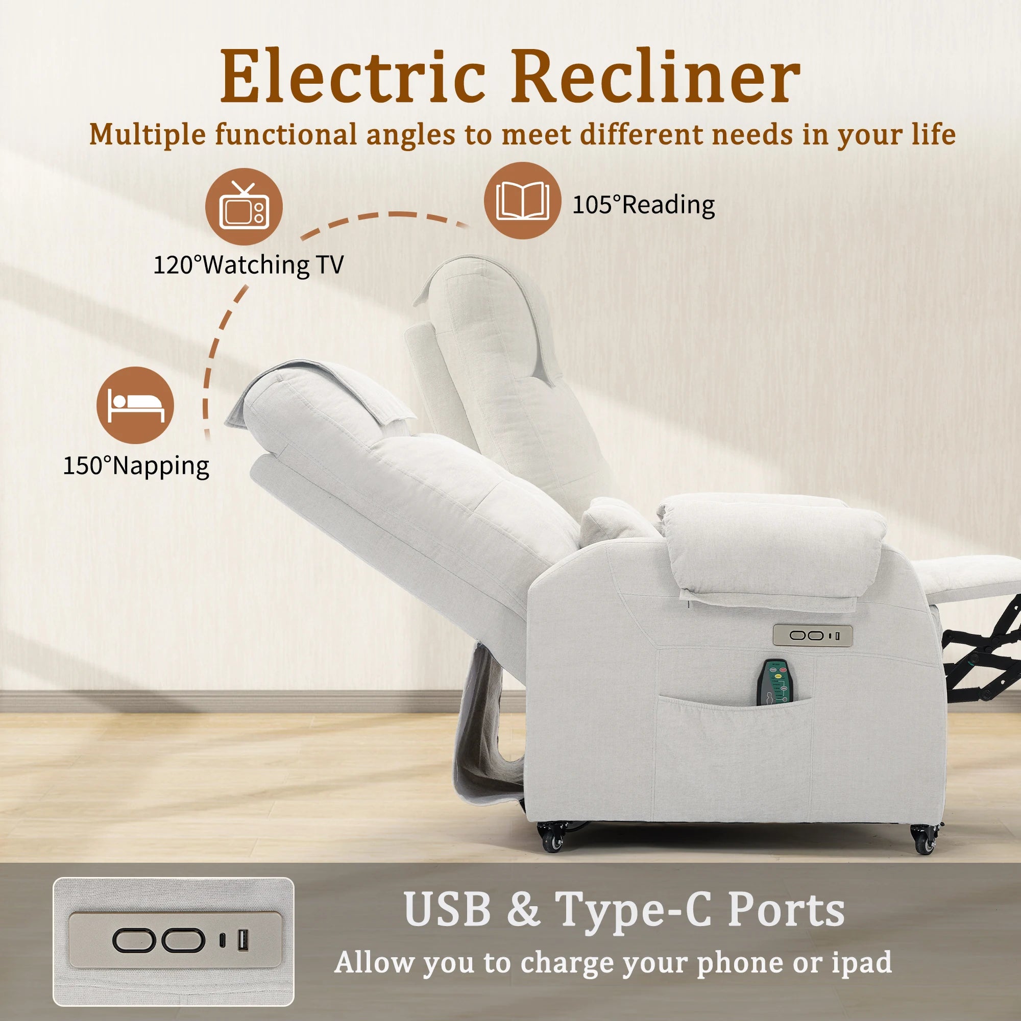 Power Small Recliner Chair for Small Spaces with Wheels and USB Ports