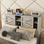 3-Pieces Bedroom Sets Full/ Queen Size Farmhouse Platform Bed with Double Sliding Door Storage Headboard and Charging Station