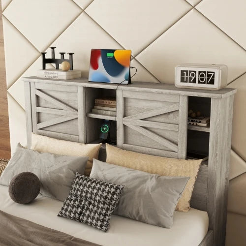 3-Pieces Bedroom Sets Full/ Queen Size Farmhouse Platform Bed with Double Sliding Door Storage Headboard and Charging Station
