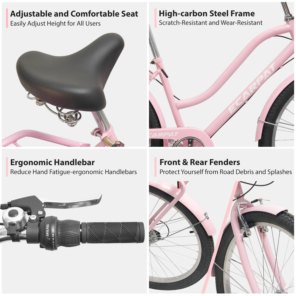 26 Inch Beach Cruiser Bike for Women, 7 Speed Commuter Bicycle with Rear Rack and Basket, Steel Frame Comfortable City Bike with Dual V-Brakes for Adults