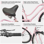 26 Inch Beach Cruiser Bike for Women, 7 Speed Commuter Bicycle with Rear Rack and Basket, Steel Frame Comfortable City Bike with Dual V-Brakes for Adults