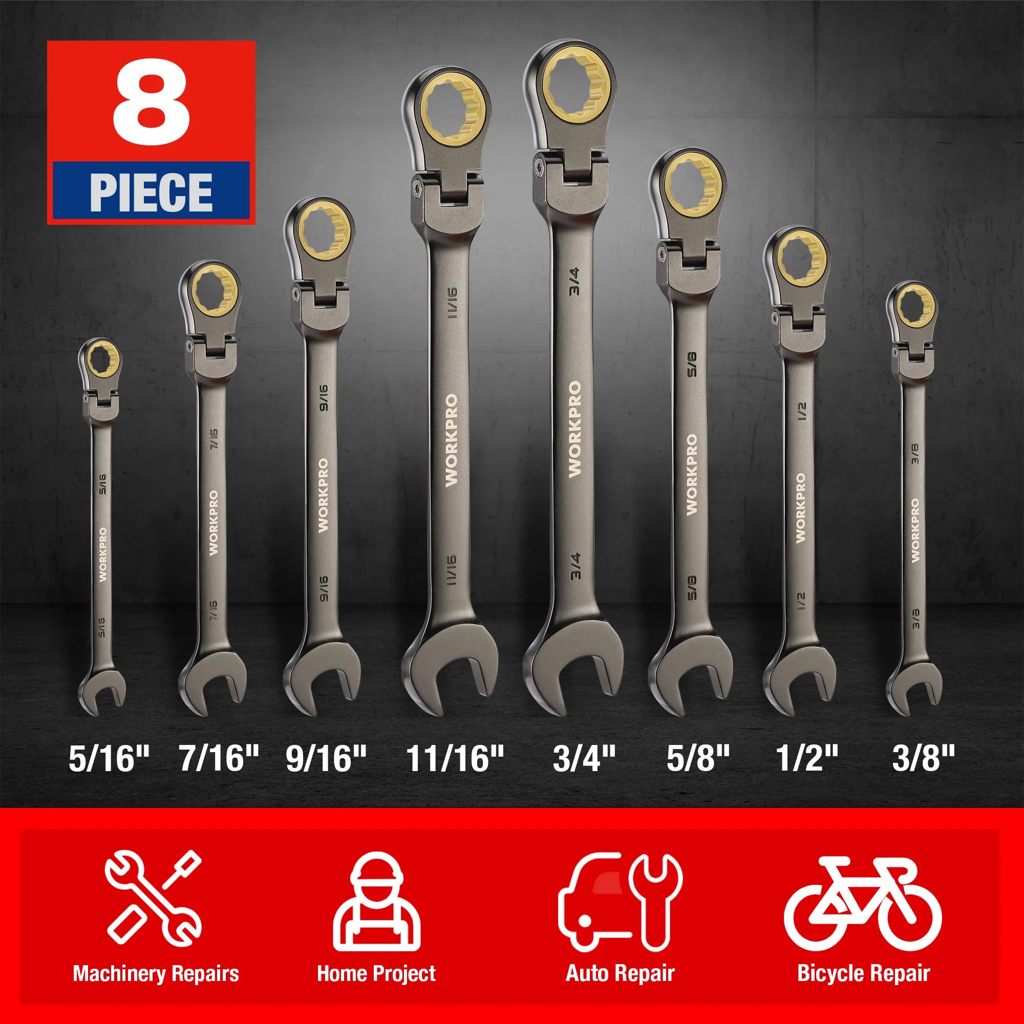 8pcs Flex-Head Ratcheting Combination Wrench Set SAE 5/16-3/4 in 72-Teeth CR-V Constructed