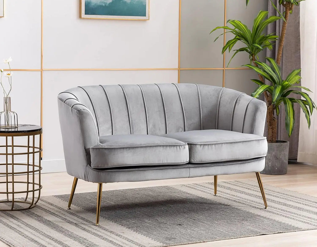 Contemporary Velvet Loveseat Chair with Gold-Finished Metal Legs, 2-Seat Sofa for Living Room, Bedroom, Home Office, Grey