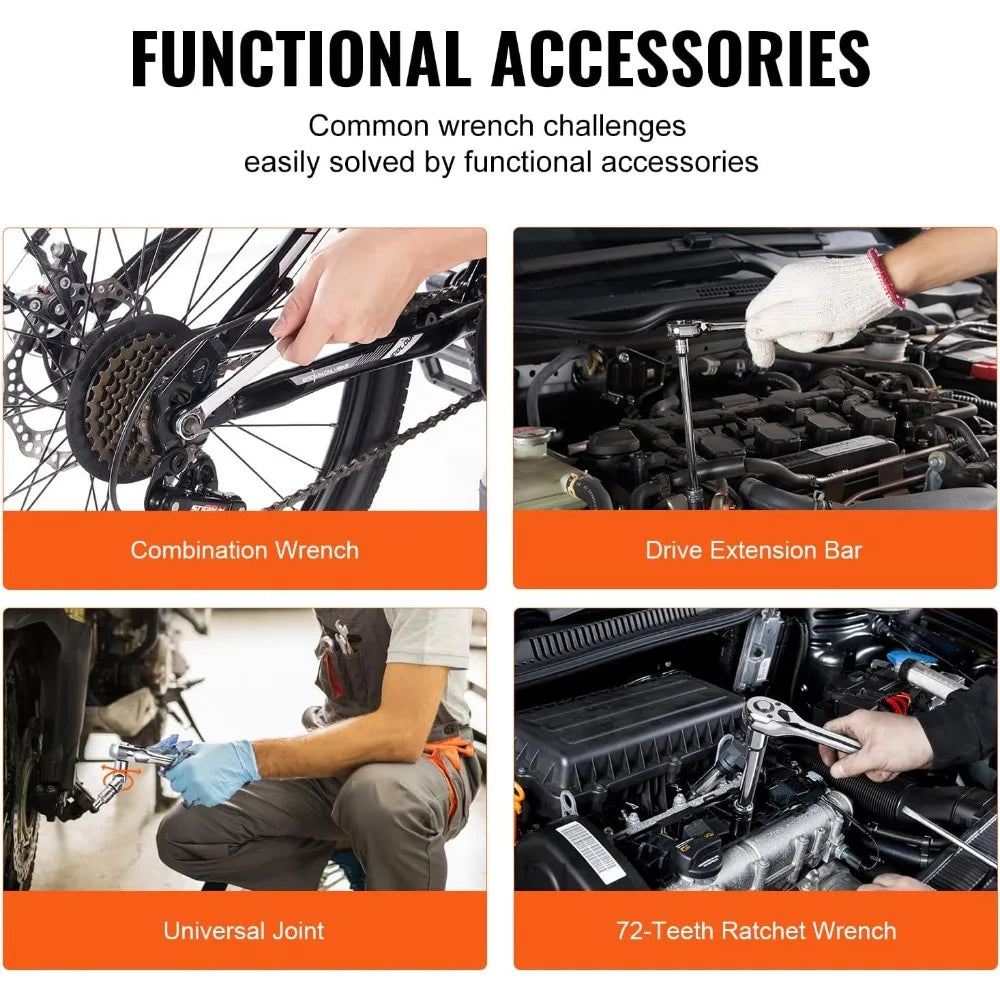 Mechanics Tool Set and Socket Set, 1/4 3/8 1/2 Drive Deep and Standard Sockets, 450 Pcs SAE and Metric