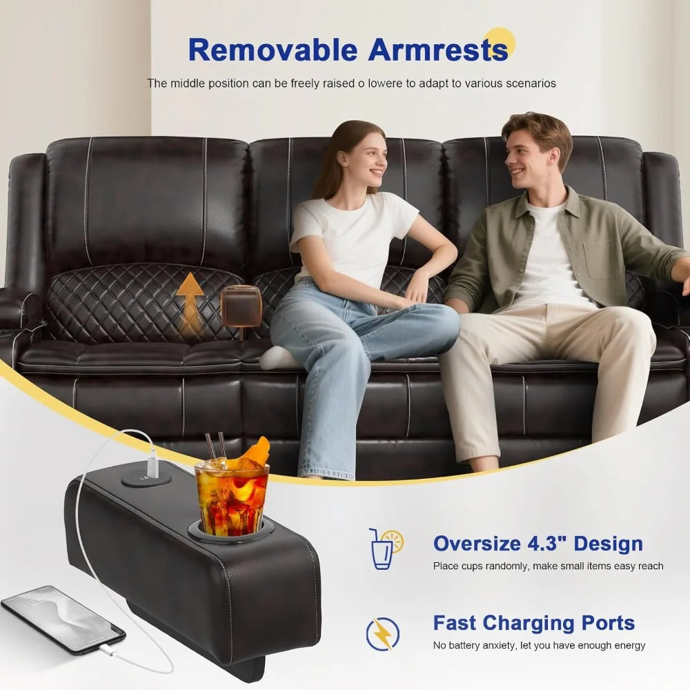 3 Seater Recliner Sofa with Liftable Console, USB Ports & Cup Holders