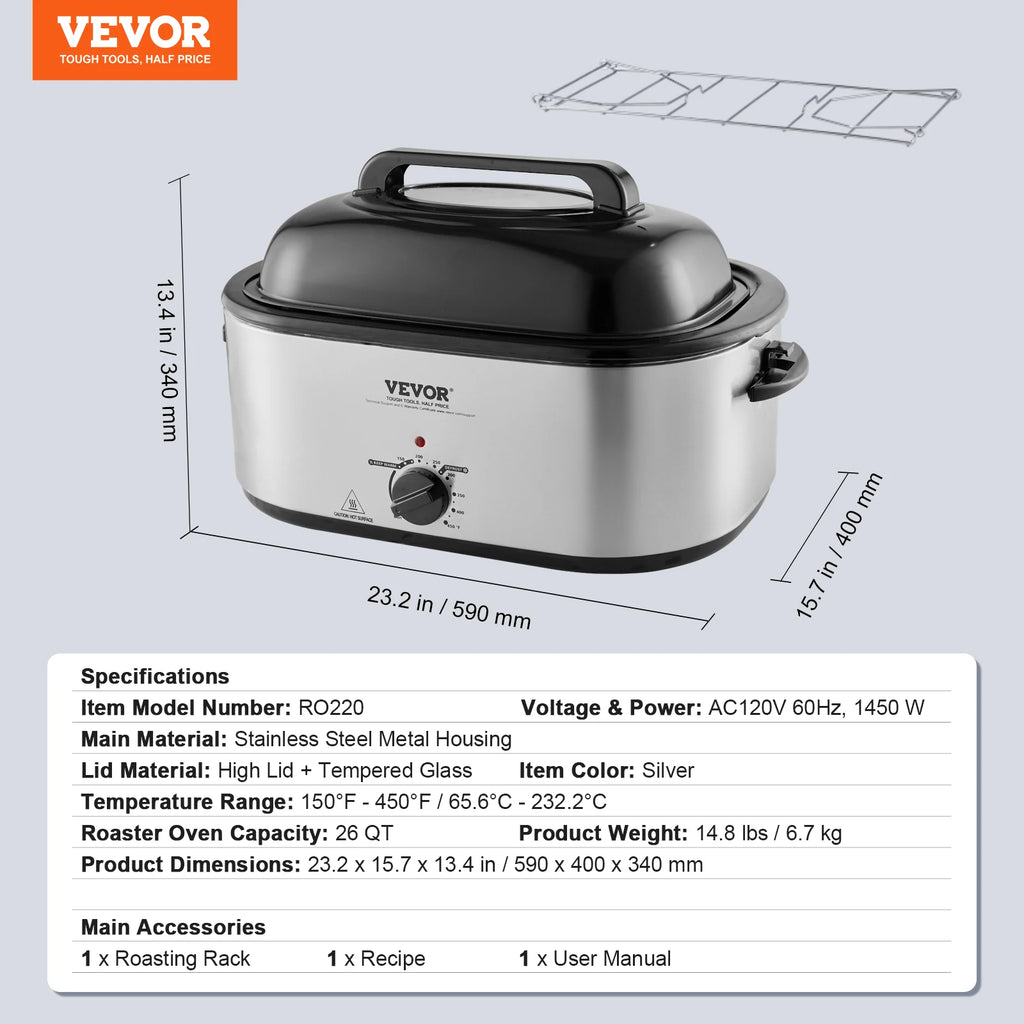 Electric Roaster Oven 24 QT Turkey Roaster Oven with Self-Basting Lid 1450W Roaster Oven Defrost&Warm Function Silver