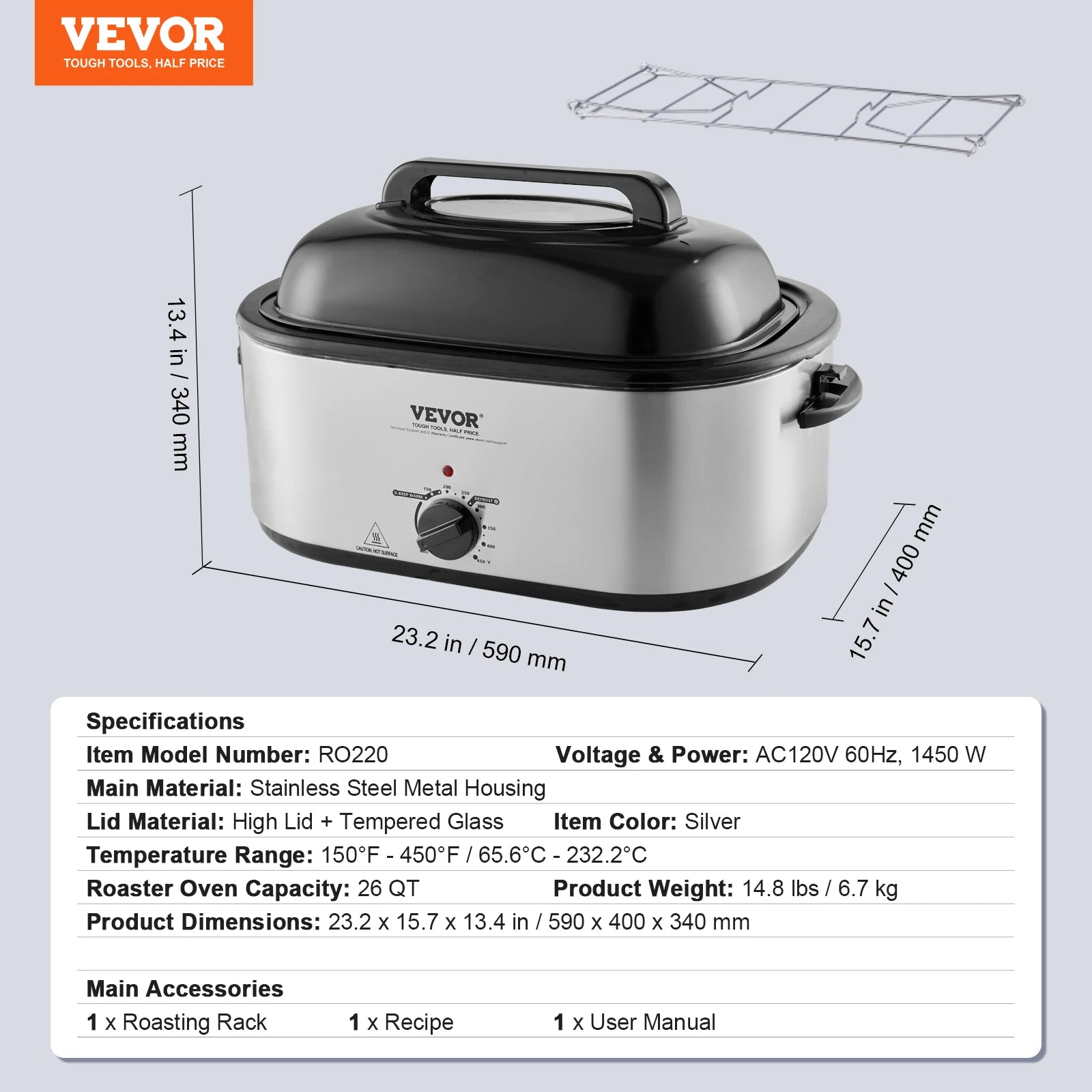 Electric Roaster Oven 24 QT Turkey Roaster Oven with Self-Basting Lid 1450W Roaster Oven Defrost&Warm Function Silver