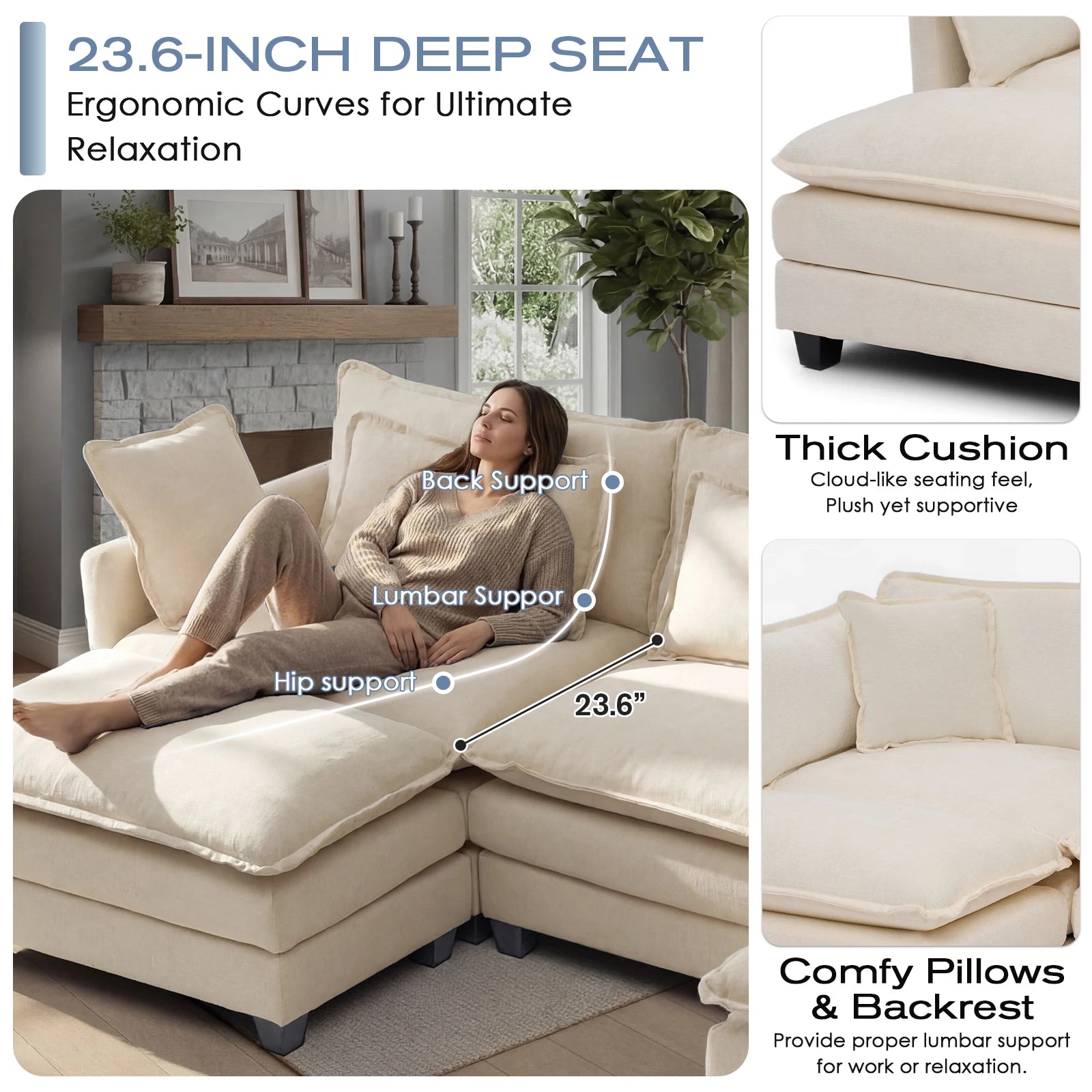 113.4" Modular Sectional Sofa with Ottoman, with Deep Seat (23.6" D)