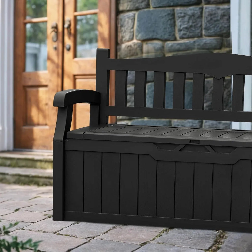 Devoko 80 Gallon Lockable Storage Bench Deck Box, Outdoor Seating & Patio Furniture Storage for Cushions & Garden Tools, Black