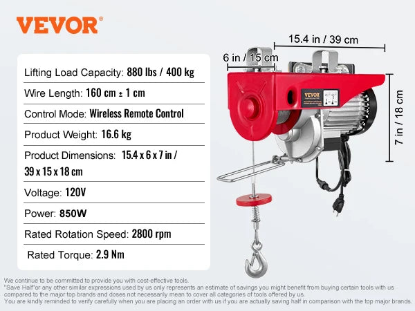 200-800kg Electric Hoist with Wired/Wireless Remote Control Lifting Crane Cable Hoist