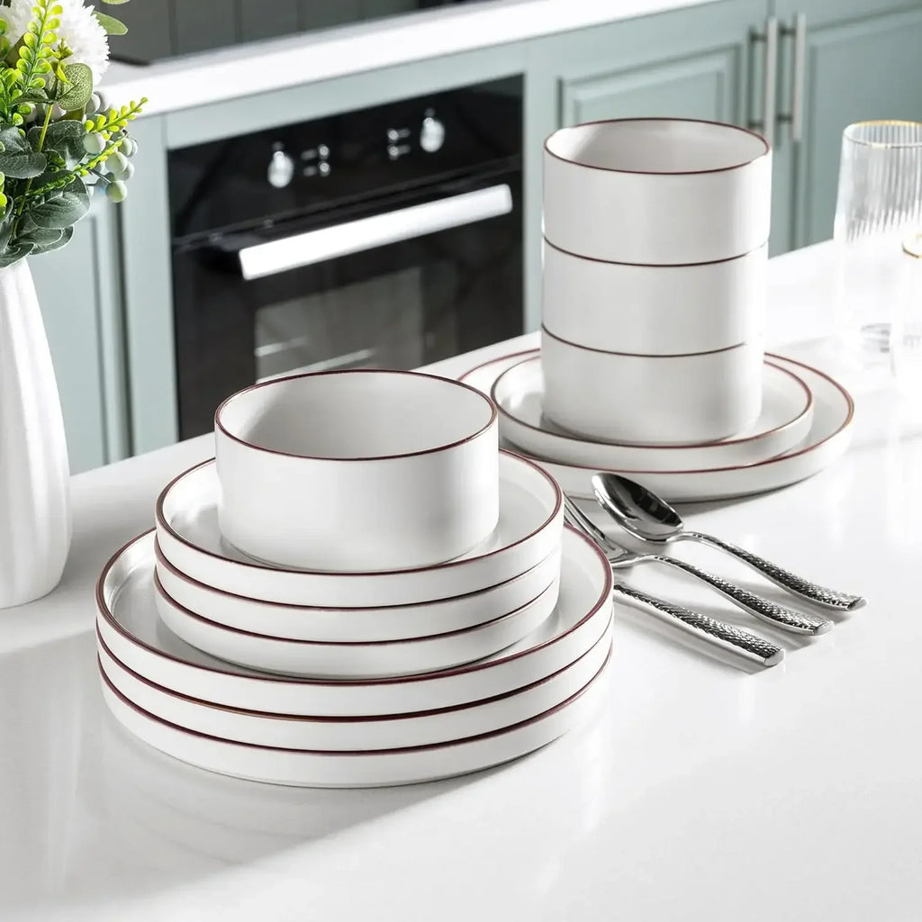 Ceramic Dinnerware Sets for 8, High Edge Stoneware Plates and Bowls Set, Chip and Crack Resistant | Oven & Dishwasher