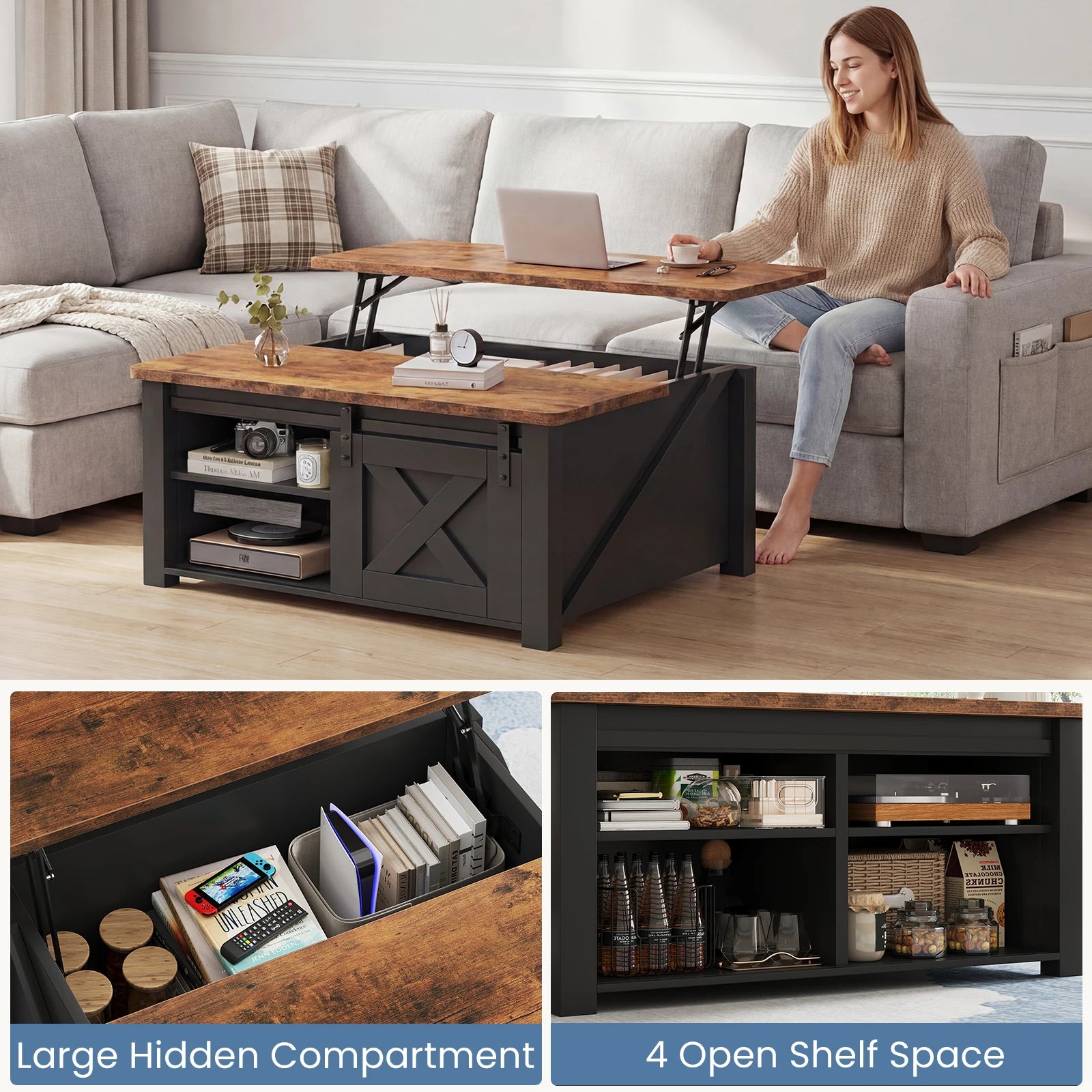 31.5IN Wood Lift Top Coffee Table Living Room Adjustable Storage Shelf Easy Lift Or Lower