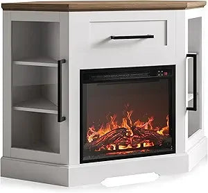 Corner TV Stand with 18" Electric Fireplace Heater for TVs up to 43"