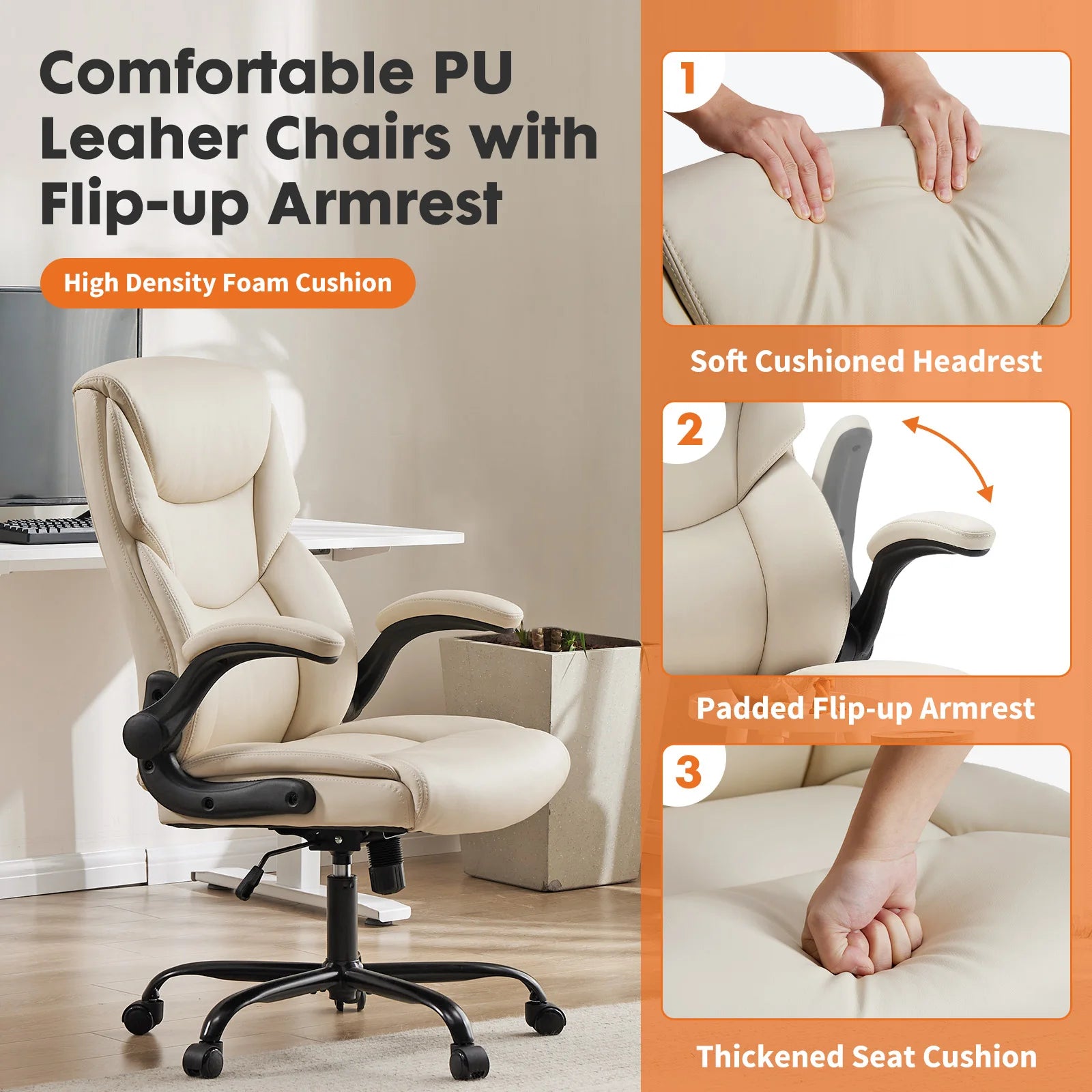 Ergonomic Heavy Duty Desk Chair with Flip-up Arms PU Leather Adjustable Swivel Rolling