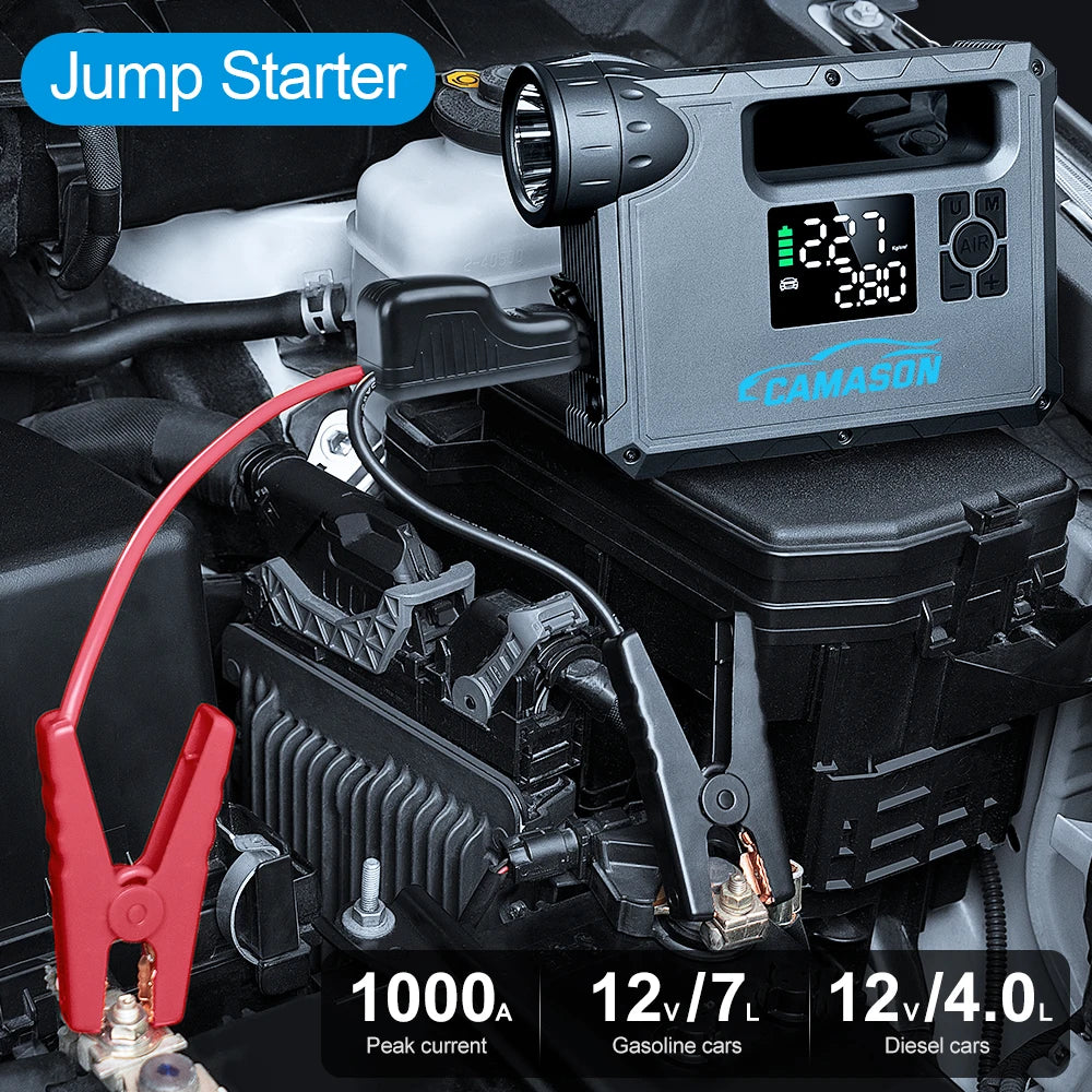 5 in 1 Car Jump Starter with air Compressor Portable Flashlight