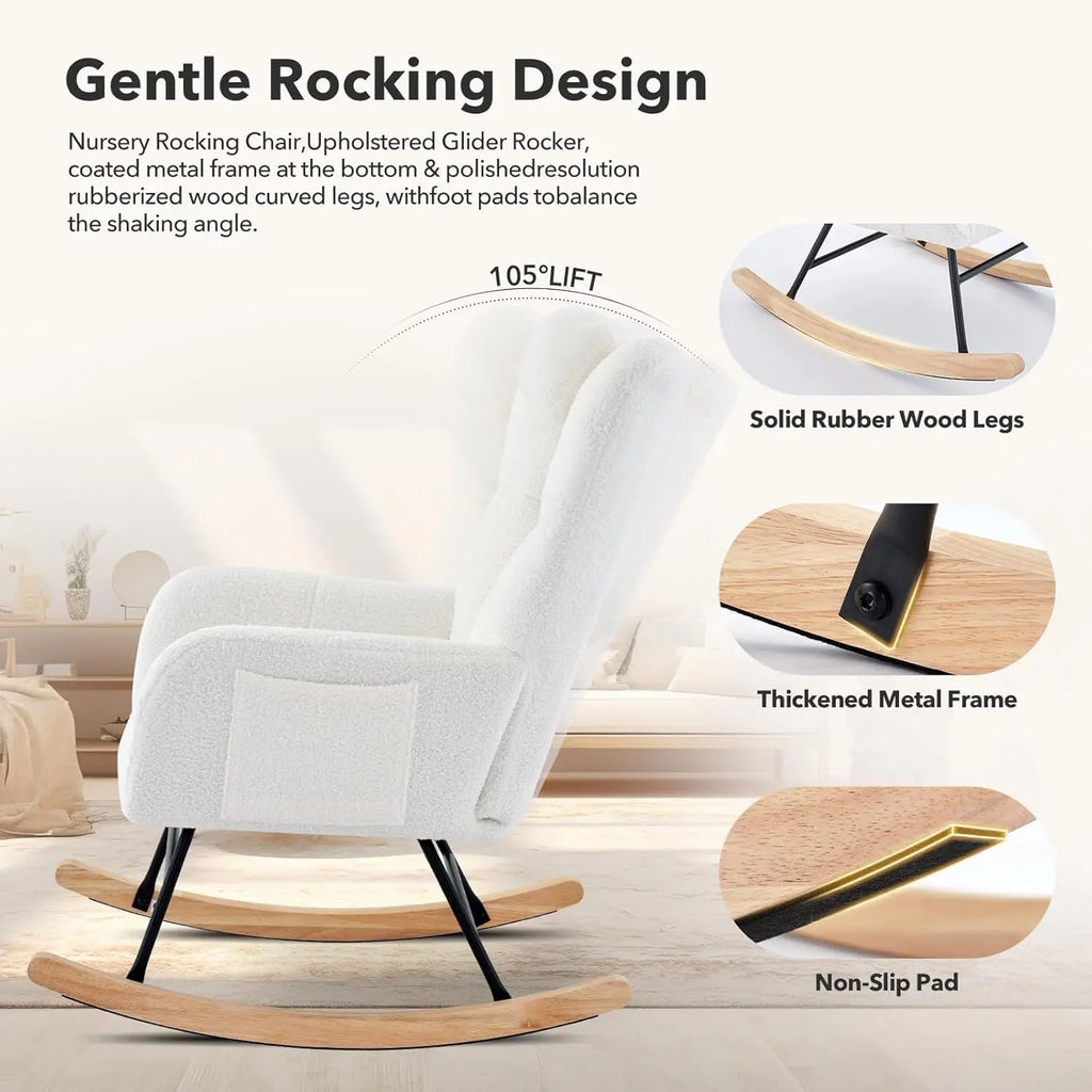 Modern Upholstered Nursery Rocking Chairs, with Side Pocket High Back