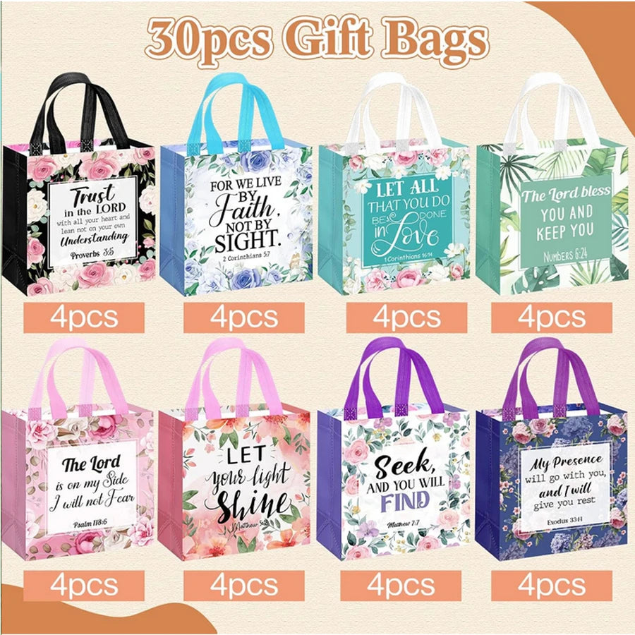 32 Pcs Bible Verse Flower Gift Bag with Handles, Reusable Gift Bags