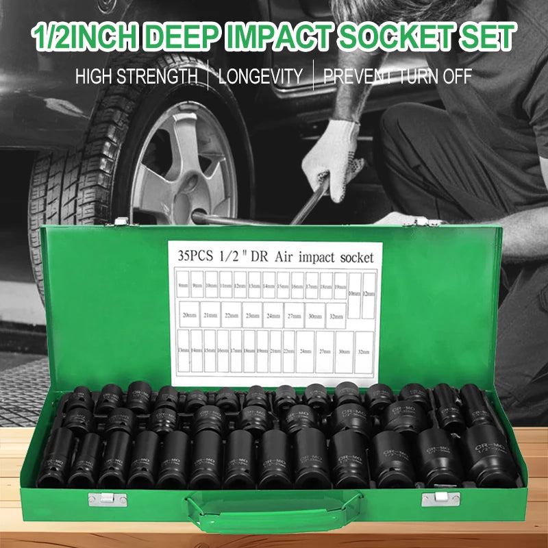 35pcs Professional Heavy-Duty 1/2" Pneumatic Tool Kit with Air Gun, Hex Extensions, Rotary Tools & Impact Socket Set