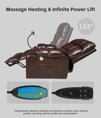 Leather Heated Lift Recliner Chair with Dual Motor, Massage, Cup Holder, Wireless Charging, USB