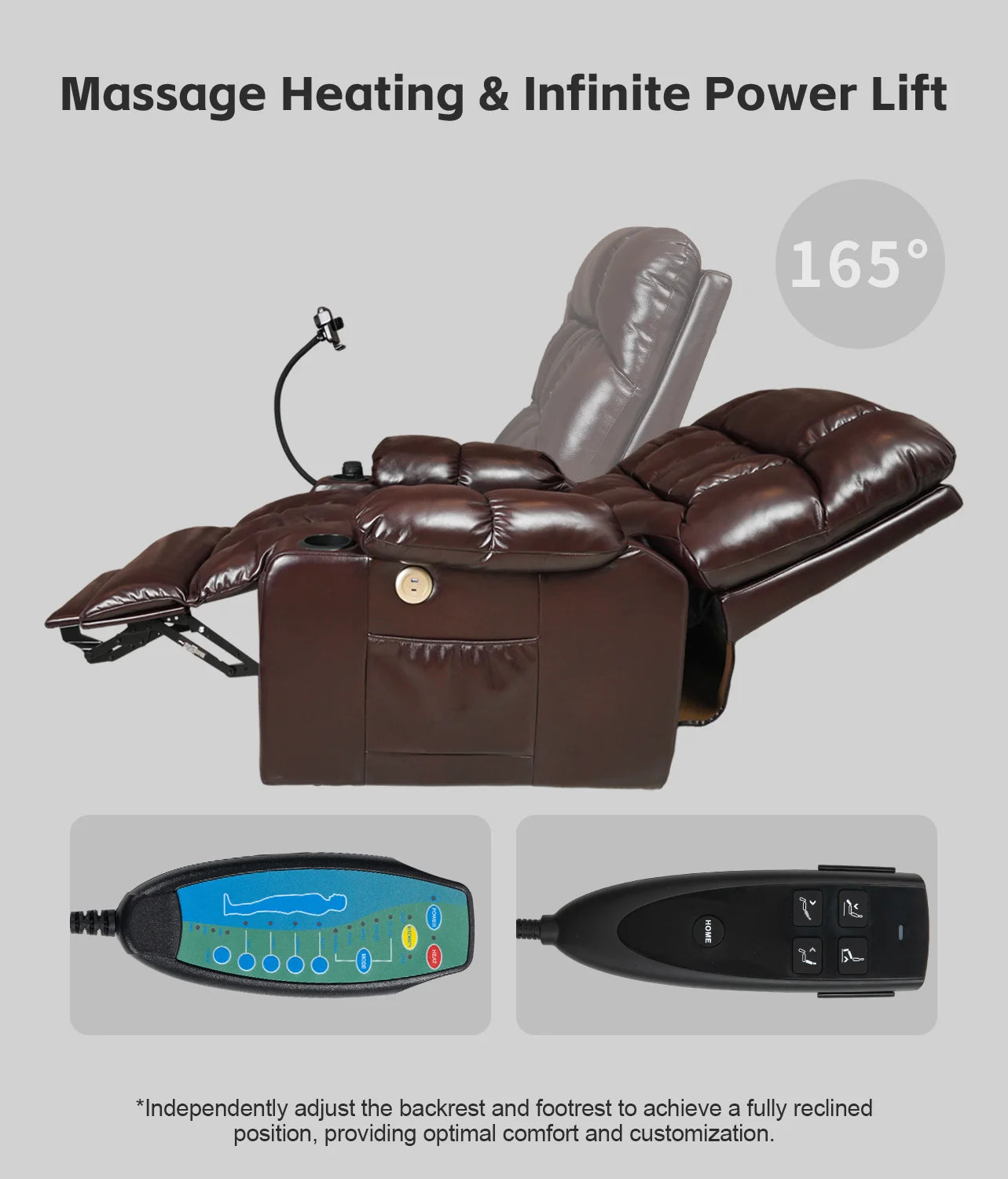 Leather Heated Lift Recliner Chair with Dual Motor, Massage, Cup Holder, Wireless Charging, USB
