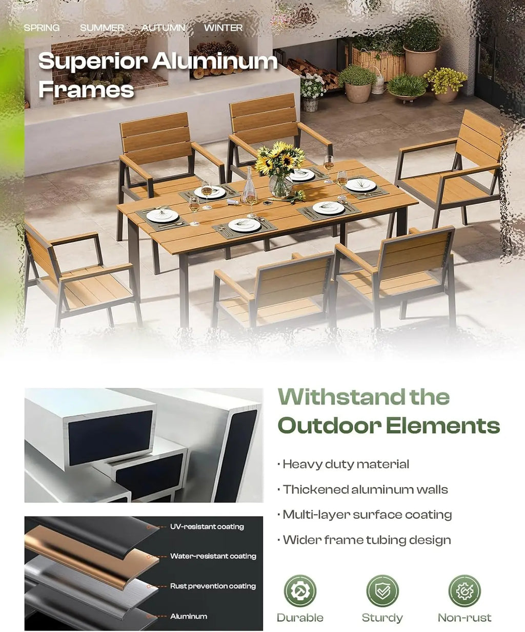 Outdoor Dining Set for 6, Patio Table and Chairs Set with Umbrella Hole