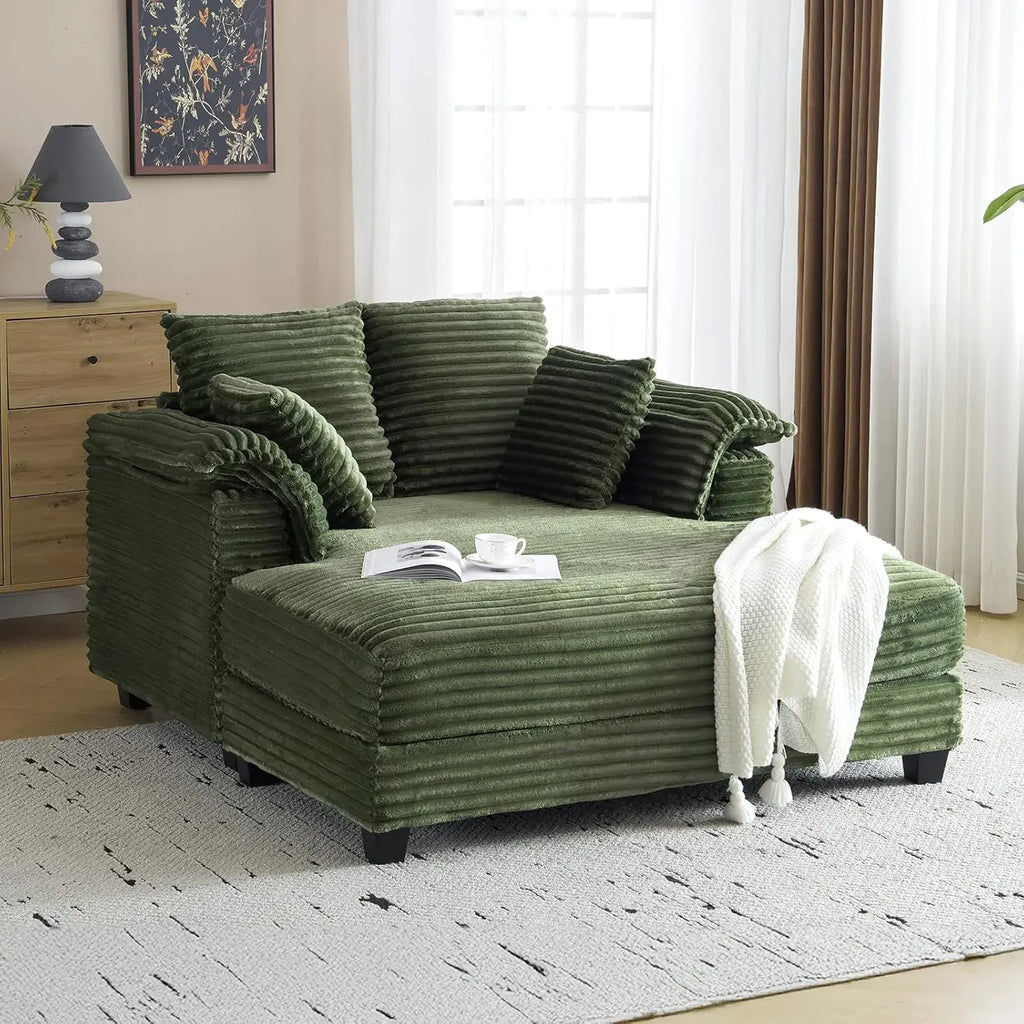 56" Oversized Chaise Lounge Chair, Black Comfy Corduroy Chaise Sofa Recliner Bed with Throw Pillow
