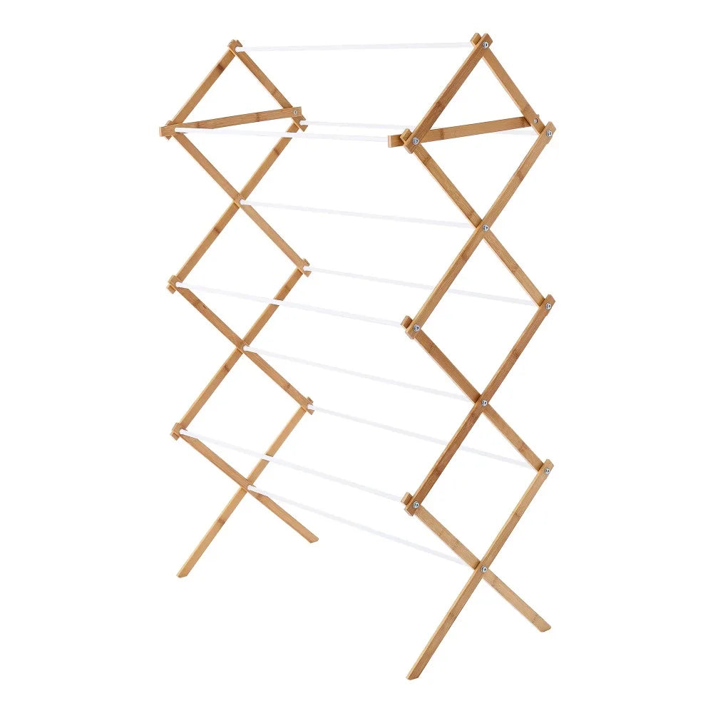 Foldable Bamboo Clothes Drying Rack Collapsible Space Saving Indoor Outdoor