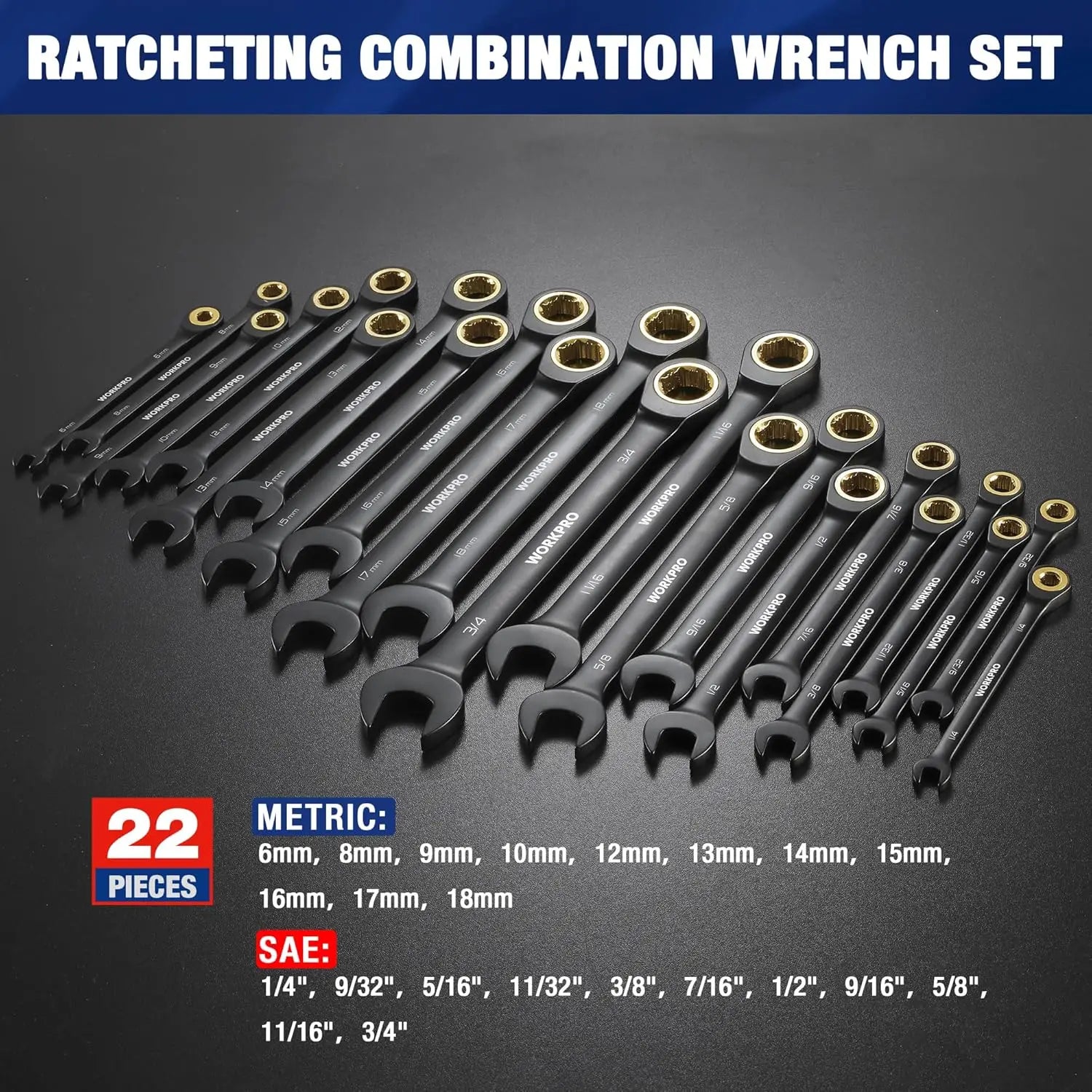 22-Piece Ratcheting Wrench Set with Anti-Slip Teeth, Metric 6-18mm & SAE 1/4-3/4, Black Coating