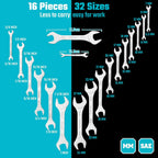 Super-Thin Open End Wrench Set, SAE & Metric, 16-Piece with EVA Tray for Tight Spaces