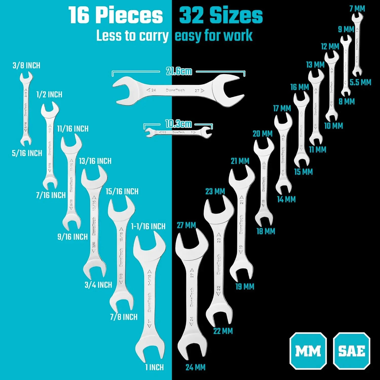 Super-Thin Open End Wrench Set, SAE & Metric, 16-Piece with EVA Tray for Tight Spaces