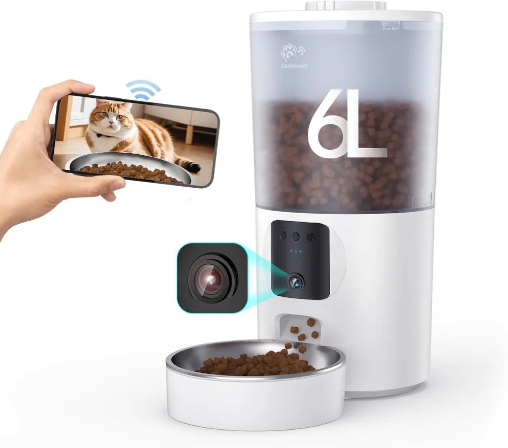 Smart Pet Feeder with Camera, Two-Way Audio, App Control, 6L Dry Food Dispenser for Cats and Small Dogs