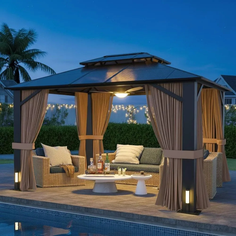 10x12ft Hardtop Gazebo with Double Roof, Curtains & Netting - All-Weather Aluminum Frame