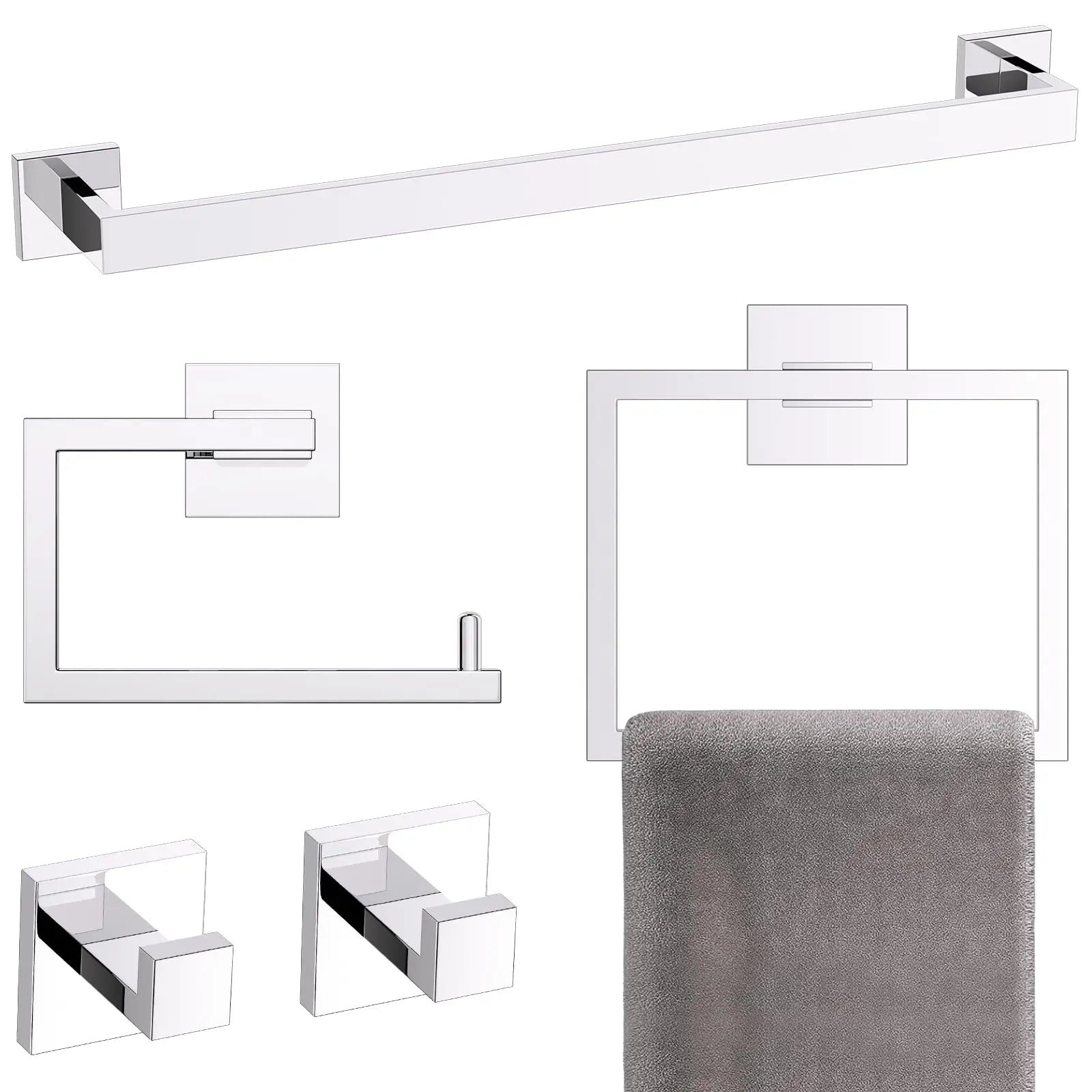 Brushed Gold Bathroom Hardware Accessorie Set 23.6 Inch Towel Bar Set 5-Pieces Towel Rack&Holder Set for Bathroom,Upgraded Toilet Paper Holder with Shelf,Stainless Steel Wall-Mounted