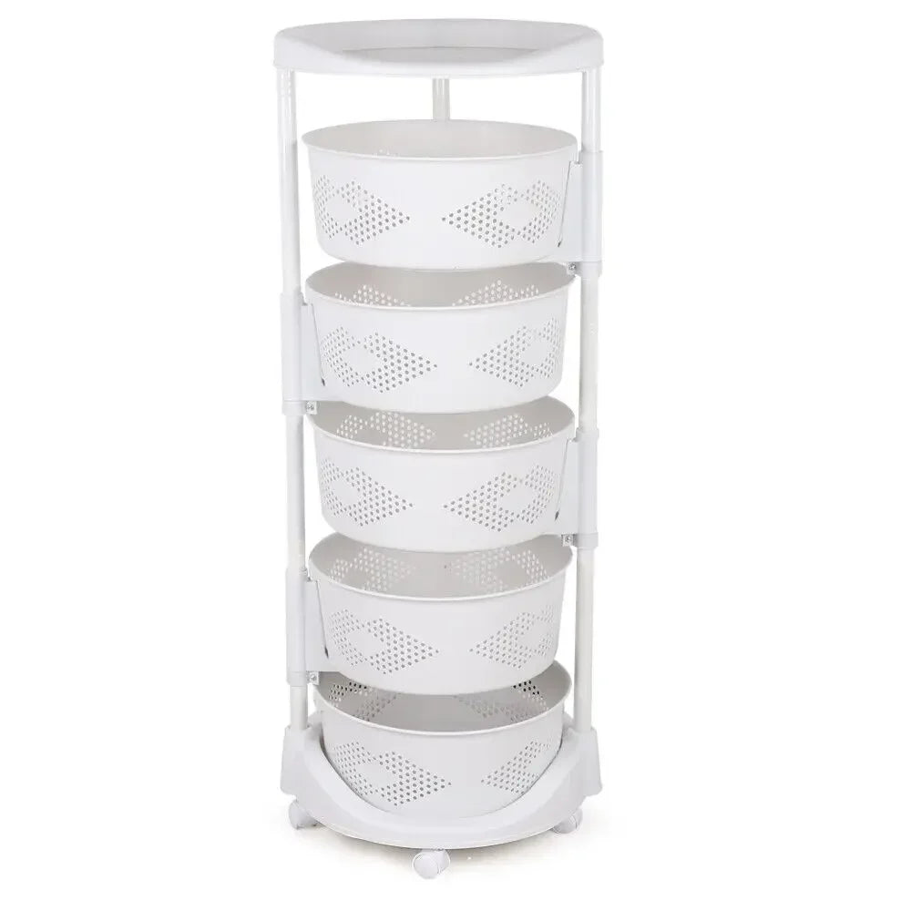 5 Tier Rotating Kitchen Organizer Rack 360° Swivel Baskets Adjustable Height with Wheels
