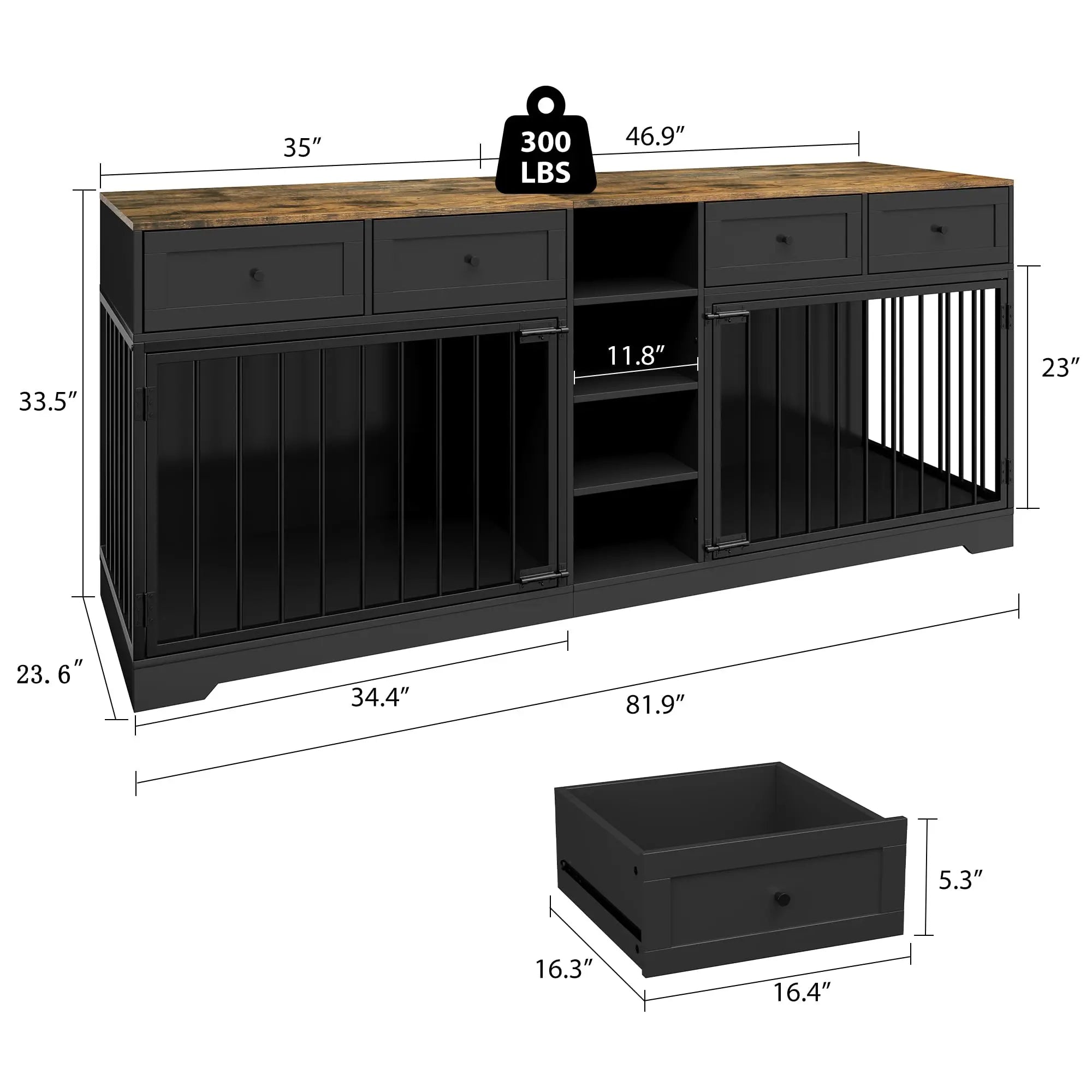82'' Large Double Dog Crate TV Stand With 4 Drawers, Shelves