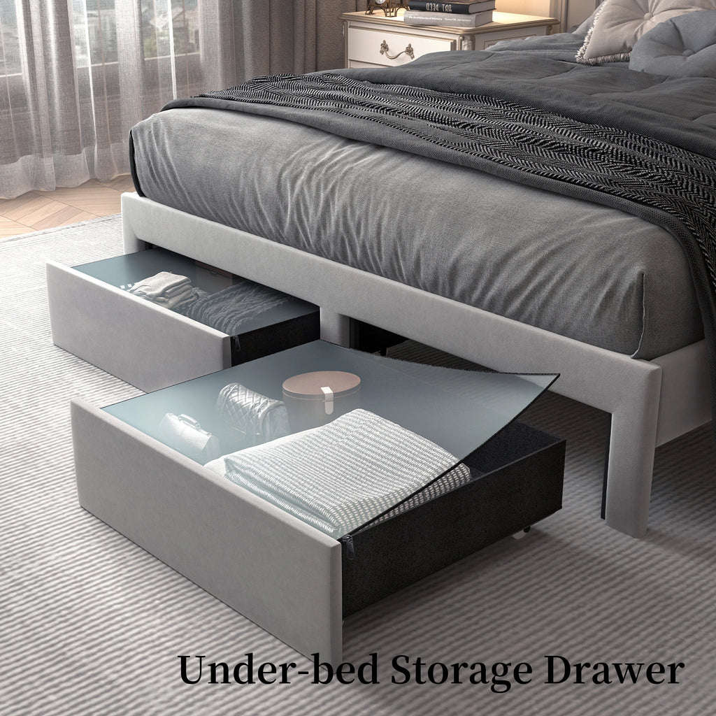 Queen LED Bed Frame with Storage, Star Projector, Charging Station, 2-Tier Headboard, PU Leather Bed