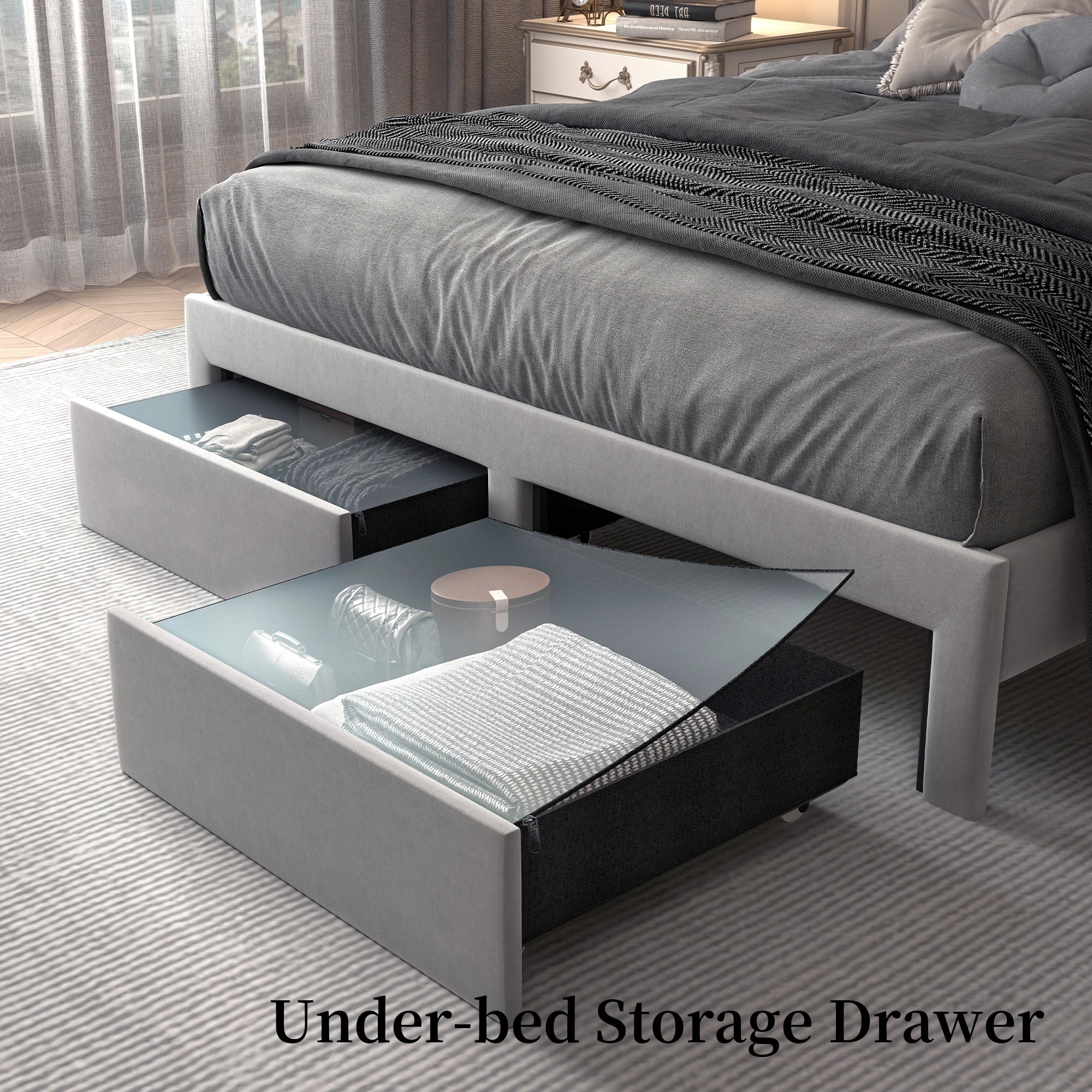 Queen LED Bed Frame with Storage, Star Projector, Charging Station, 2-Tier Headboard, PU Leather Bed